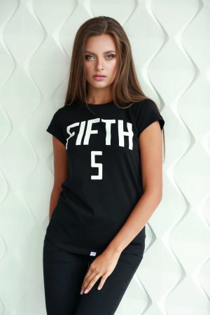 black t-shirt for ladies with short sleeve with white print in cotton